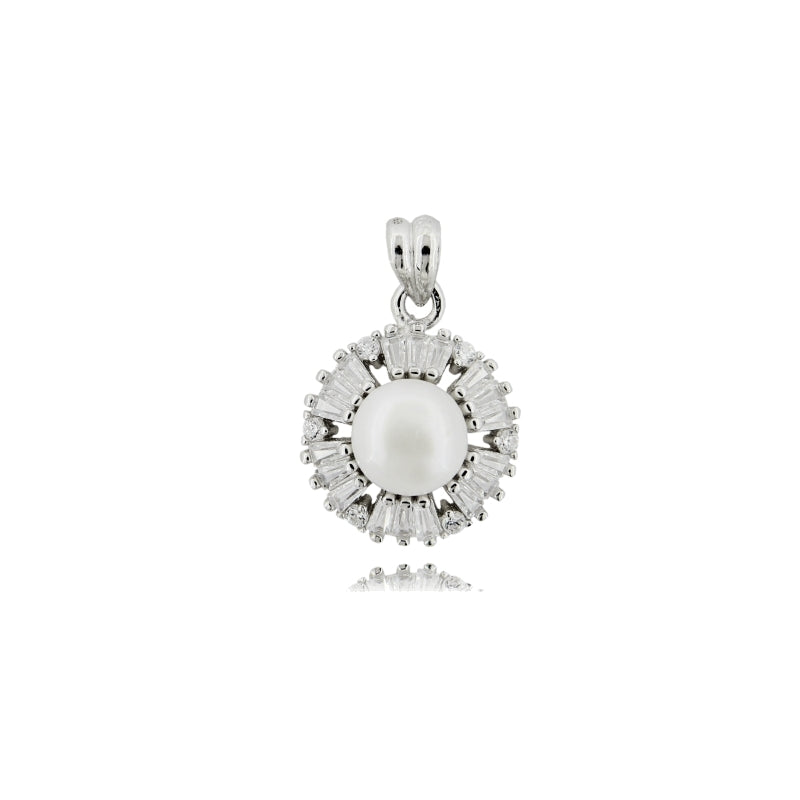 Aura di Perla – Ciondolo con Perla Centrale e Baguette di Zirconi in Argento 925