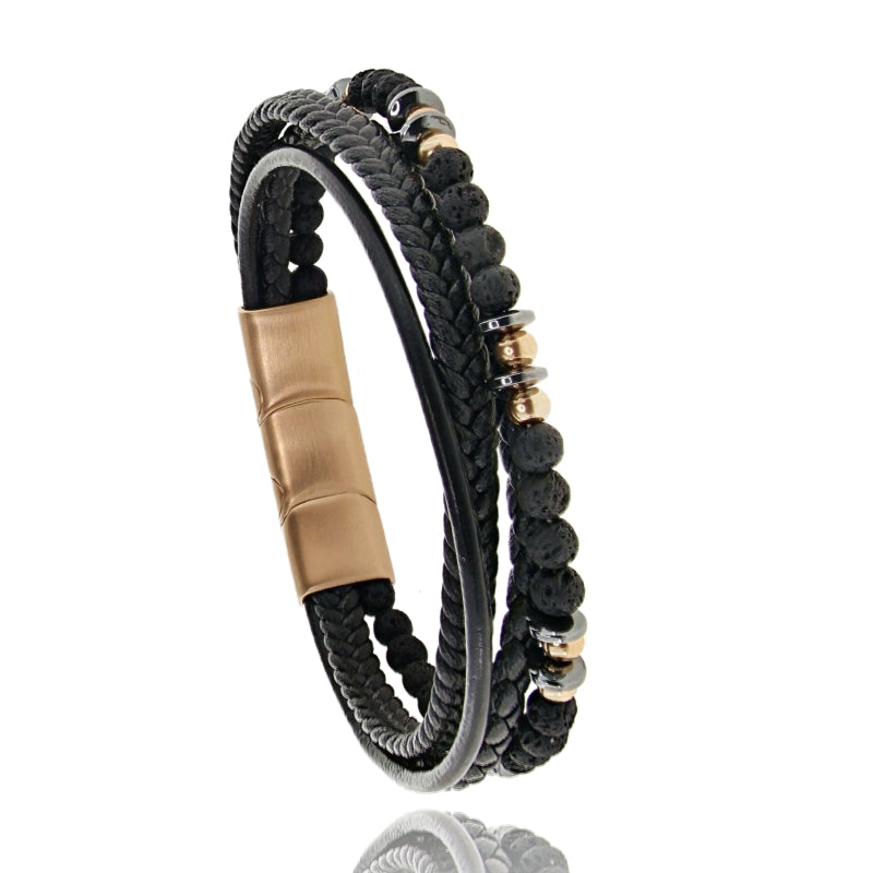 Bracciale Anuma “Vulcan” in Cuoio, Pietra Lavica e Acciaio Rosato