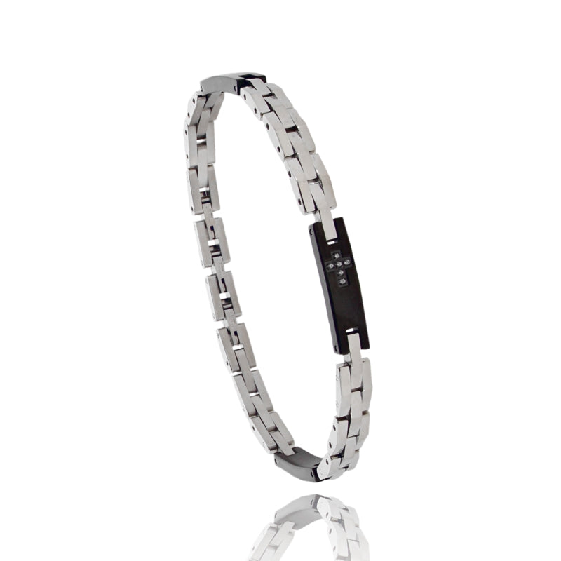 Bracciale “Axis” – Acciaio Bicolore con Targa e Zirconi