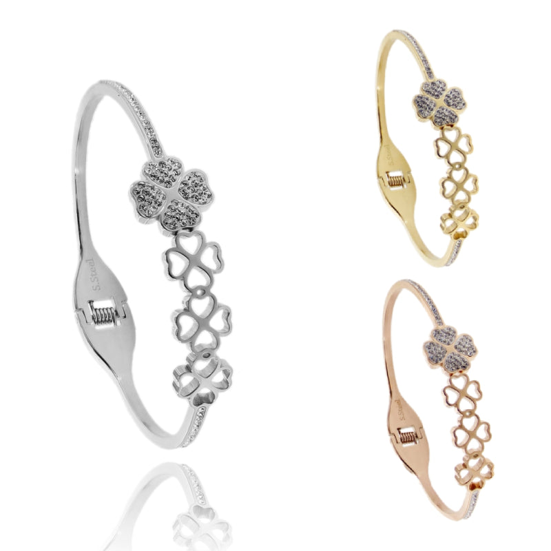 Bracciale Rigido “Fortuna” con Quadrifogli in Acciaio e Strass