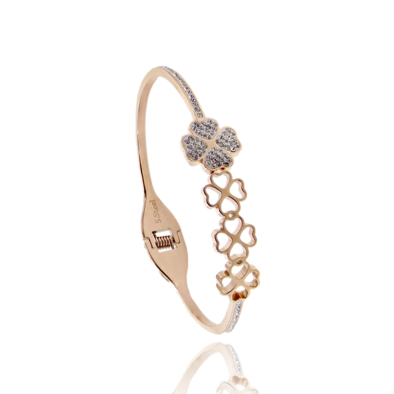 Bracciale Rigido “Fortuna” con Quadrifogli in Acciaio e Strass