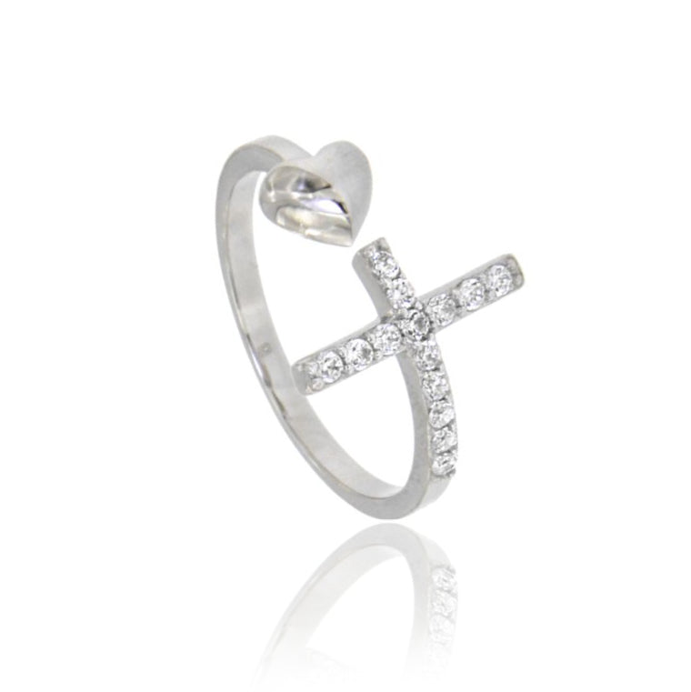 Fede d’Amore – Anello con Croce e Cuore in Argento 925 e Zirconi
