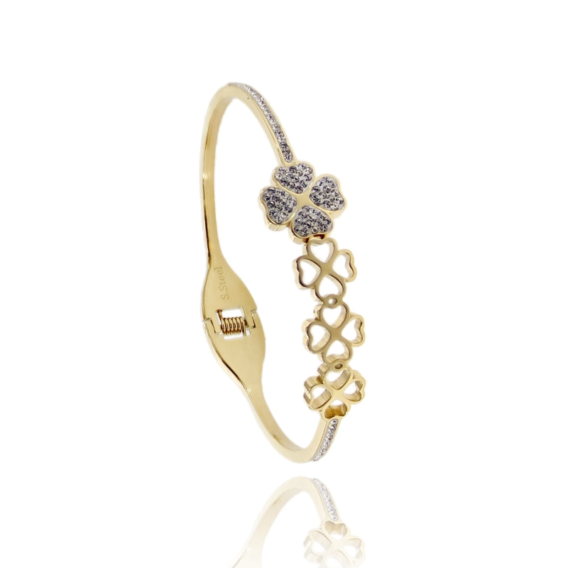 Bracciale Rigido “Fortuna” con Quadrifogli in Acciaio e Strass