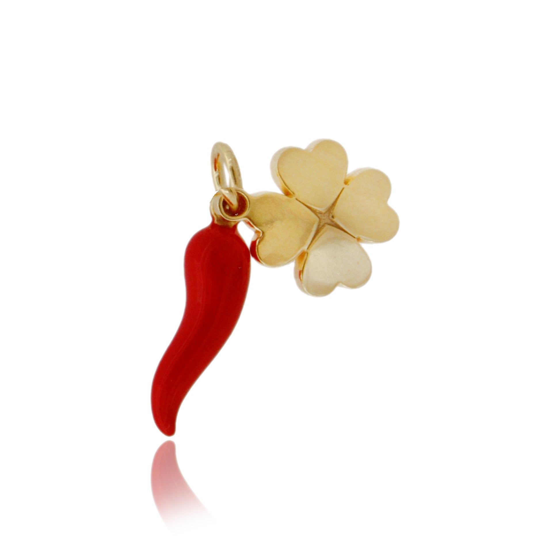 Amuleto della Fortuna – Ciondolo Corno Smaltato e Quadrifoglio in Argento 925 Dorato