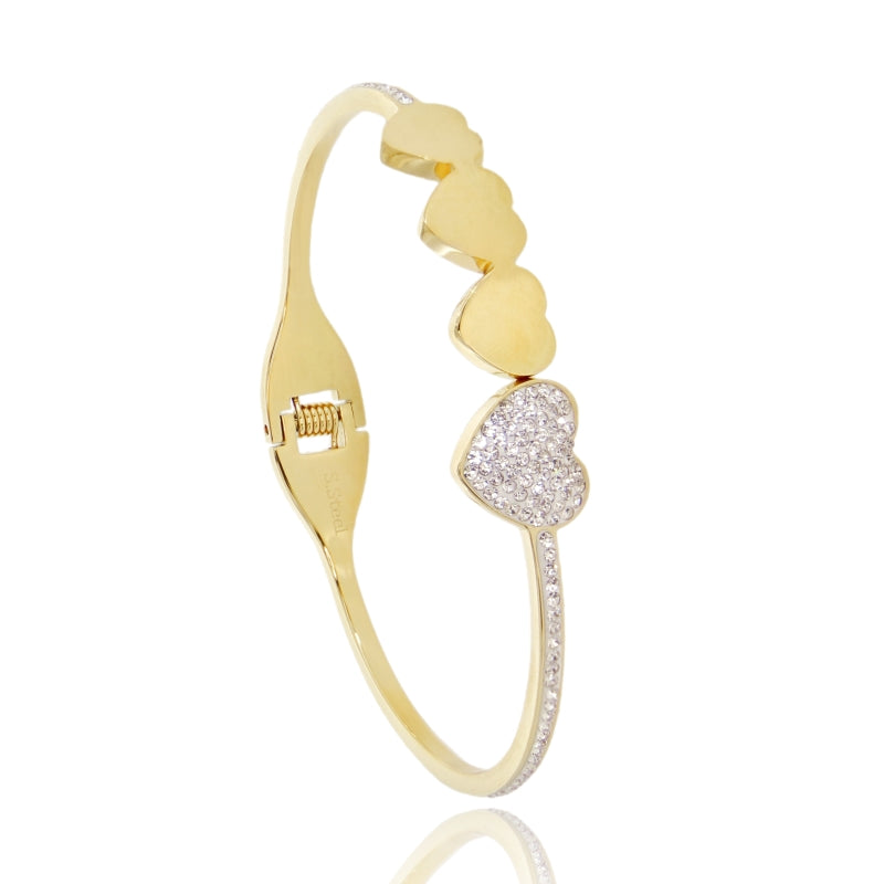 Bracciale Rigido “Amora” – Cuori Dorati con Strass